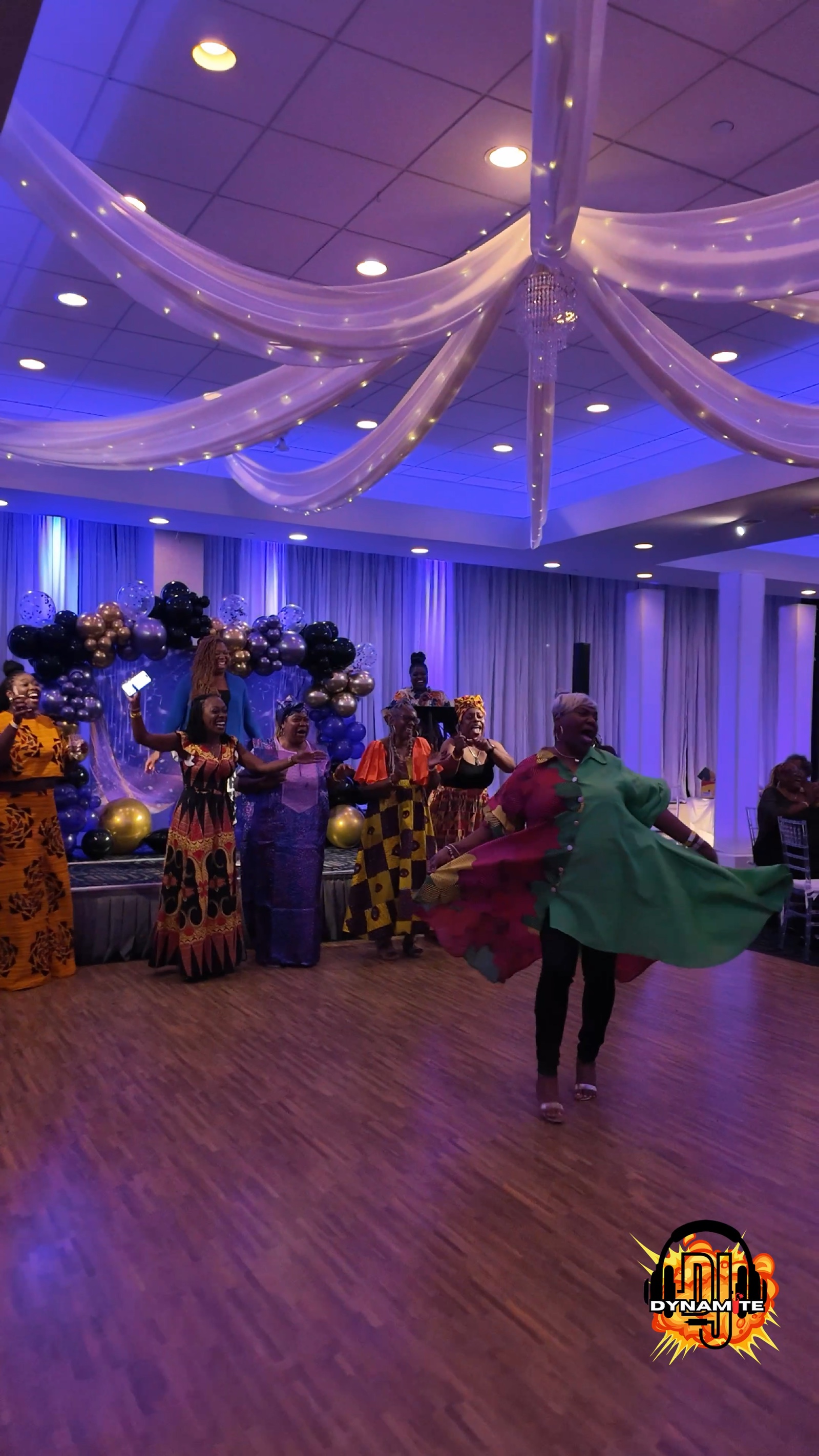 Banquet hall with uplighting and ceiling drapes